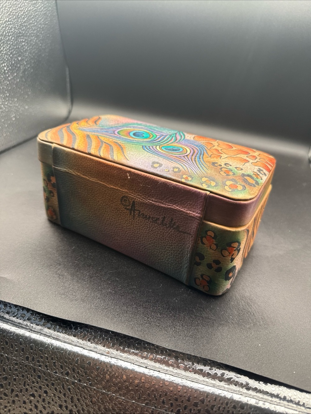 Anuschka Multicolor Peacock Feather Painted Leather Jewelry Box